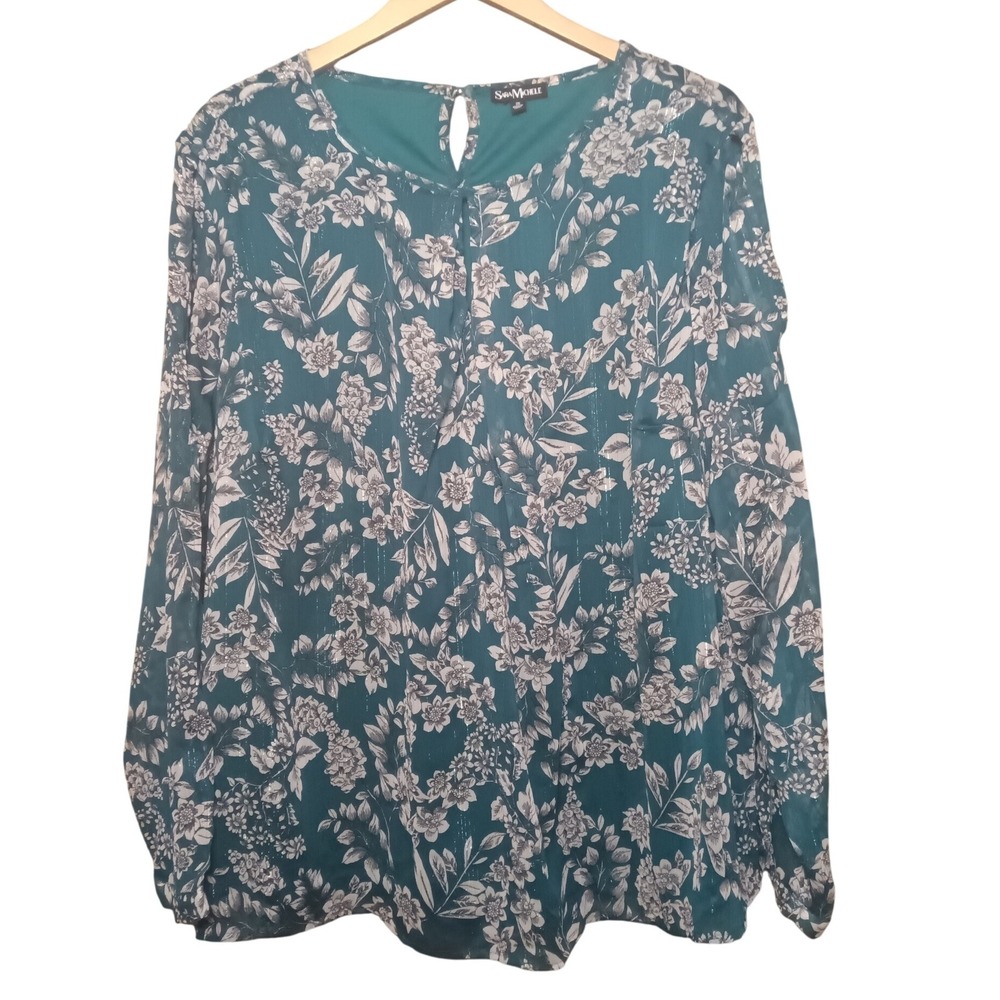 Sara Michele Teal Floral Sheer Long Sleeve Keyhole Blouse Top Plus Size 3X‎